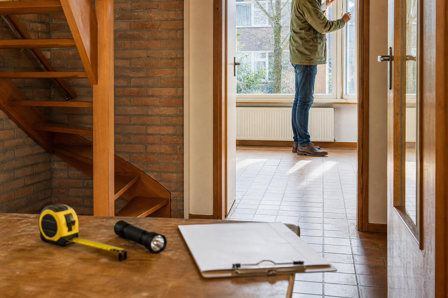 Nieuwe lichte binnenwand met houten regelwerk, plaatmateriaal en gereedschap in een woning