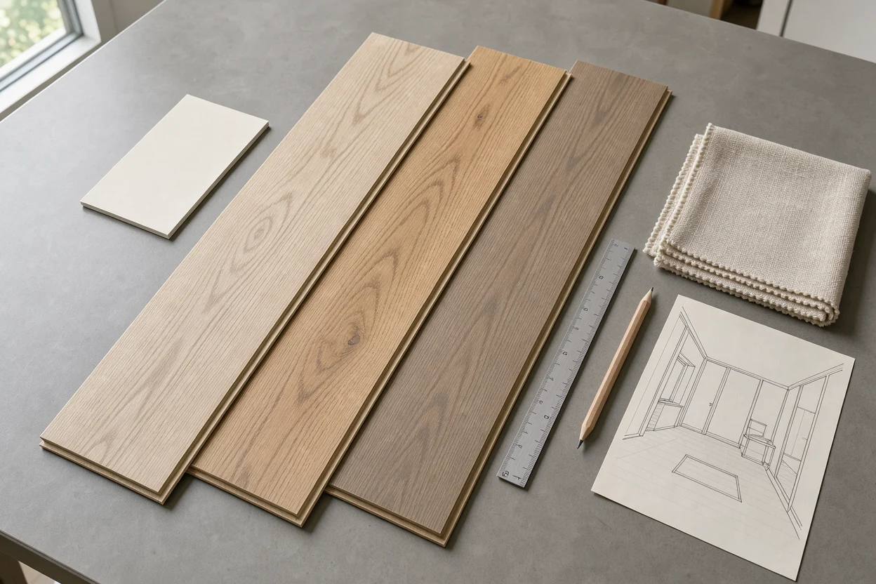 meerdere laminaatstalen op een rustige tafel met kleurstalen van wand en meubelstof